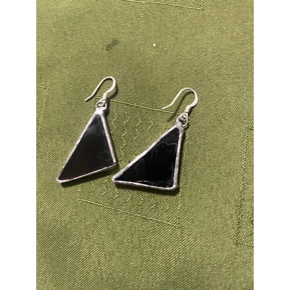 Handmade Black Stained Glass‎ Triangle Drop Earrings Geometric Minimalist Art